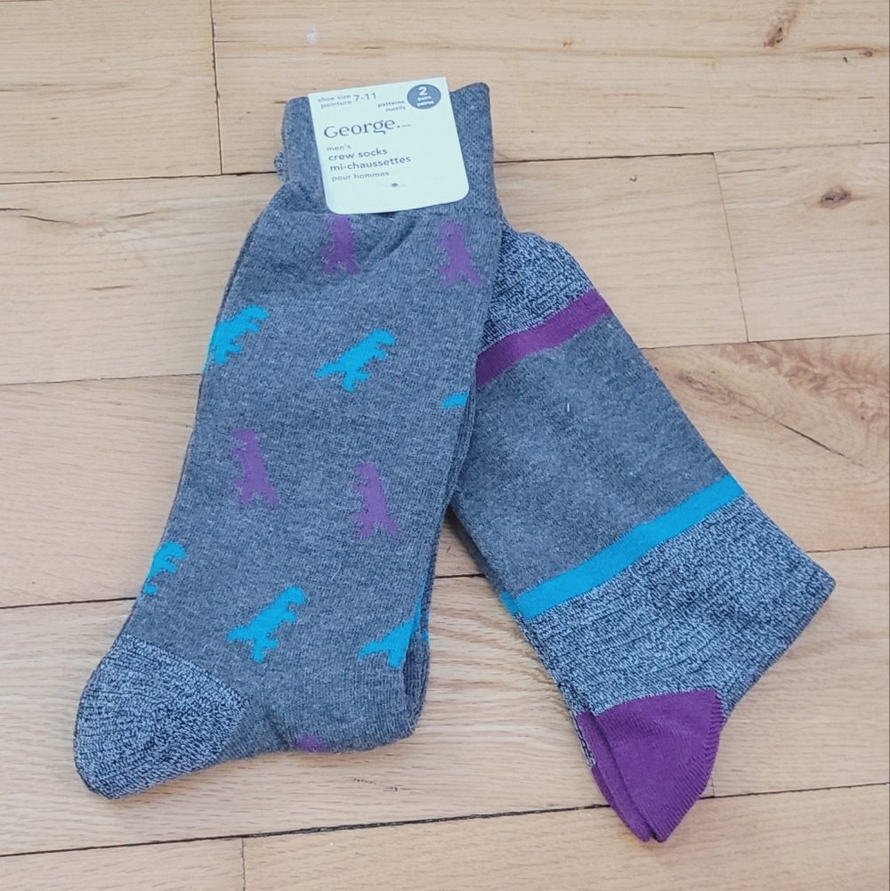NEW Bundle 2 Pairs Mens Crew Socks Cotton T-Rex & Strips NWT Sz 7-11
